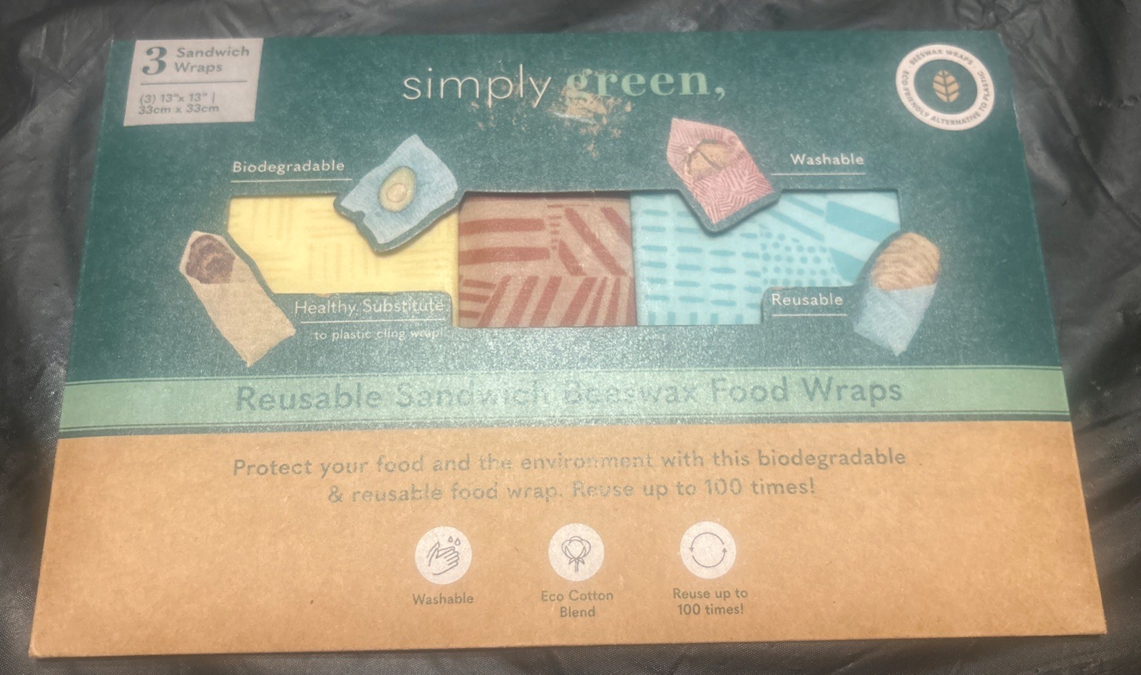 NEW Simply Green Reusable Eco-Friendly Sandwich Beeswax Food Wraps