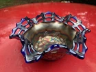 Pretty Antique Fenton Blackberry Carnival Glass Two Row Hat Vase In Blue