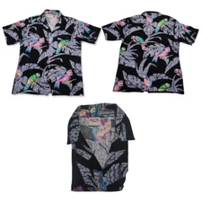 Barefoot In Paradise Hawaiian Shirt Mens M Black Button Up Parrot AOP EUC