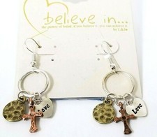 NEW BELIEVE IN SILVER+BRASS+COPPER 3 TONE HEART,DISC,CROSS CHARM HOOK EARRINGS