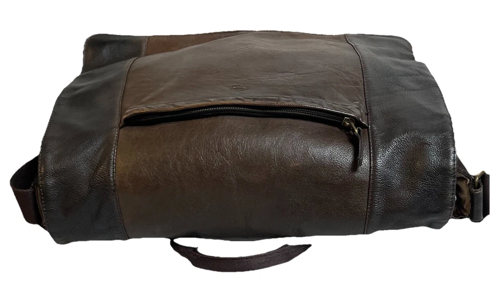 Solo Messenger Laptop Bag Briefcase Brown Black Leather Nylon Trim Xbody Strap - Image 3 of 4