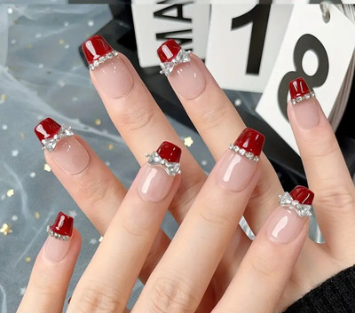 Princess Misi 10pcs Short Square Press On Nails, Red Tone Glitter Bowknot Sz Med