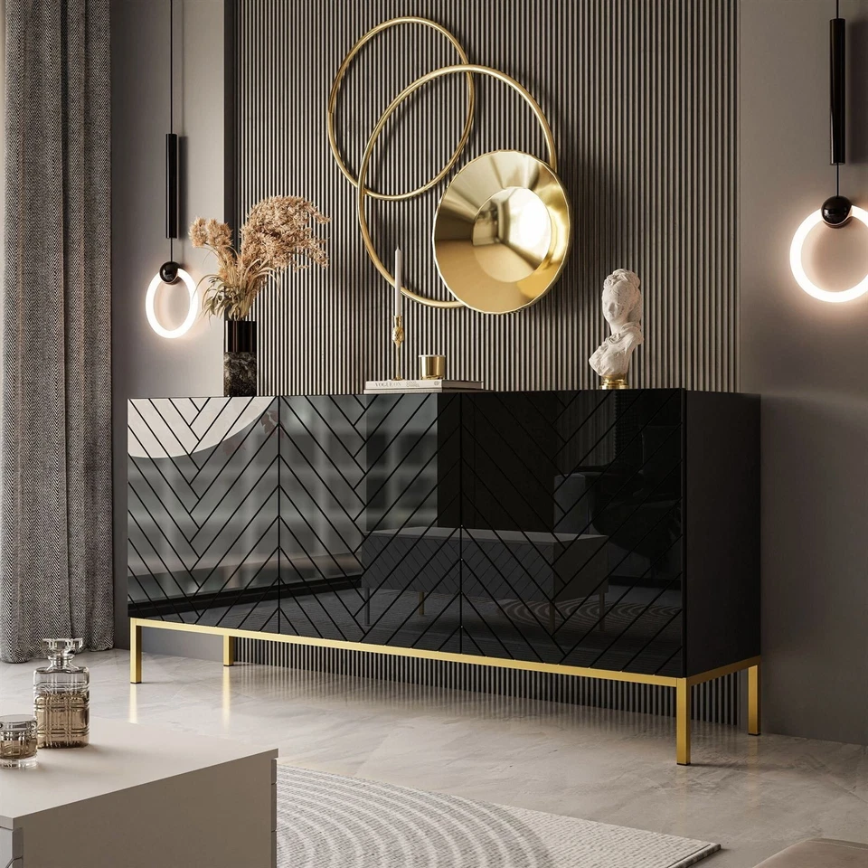 Kommode ELISE 160 schwarz Hochglanz/schwarz auf goldenen Metallgestell SIDEBOARD