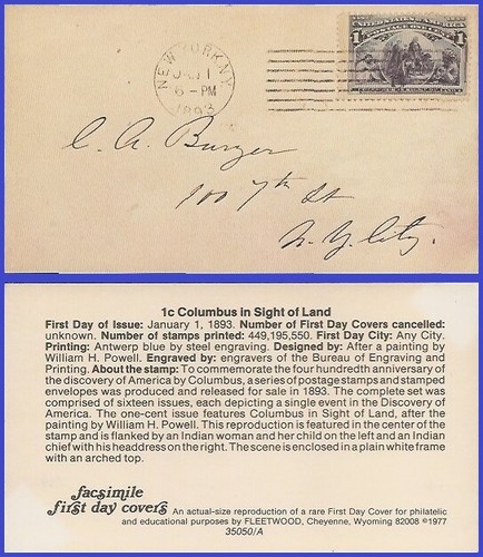 USA5 # 230 ADDR FACSIMILE FDC 1¢ Columbus in Sight of Land - 第 1/1 張圖片