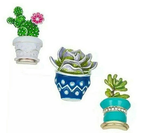 Napier 3 Cactus Plant Pots Trio Brooch Scatter Pins NEW Tri Tone Enamel Gift Box