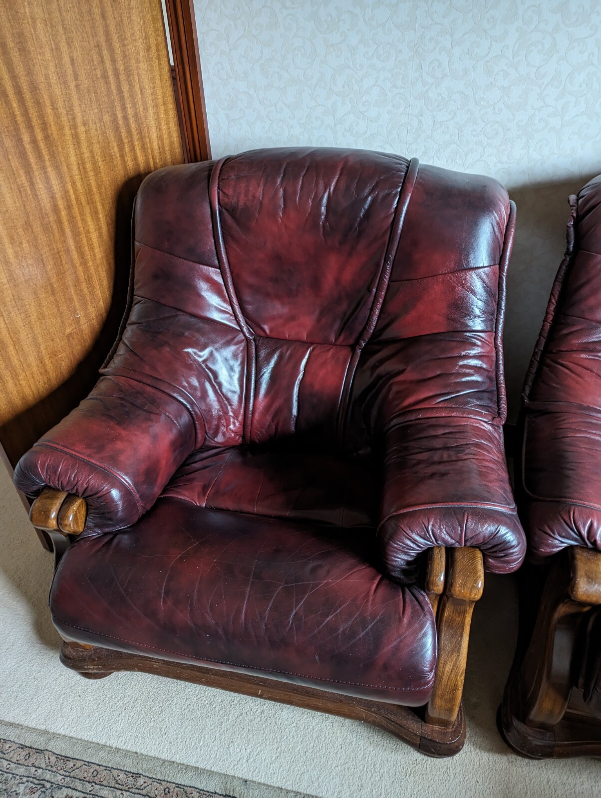 Pair Of Wooden Frame Oxblood Leather Armchairs eBay
