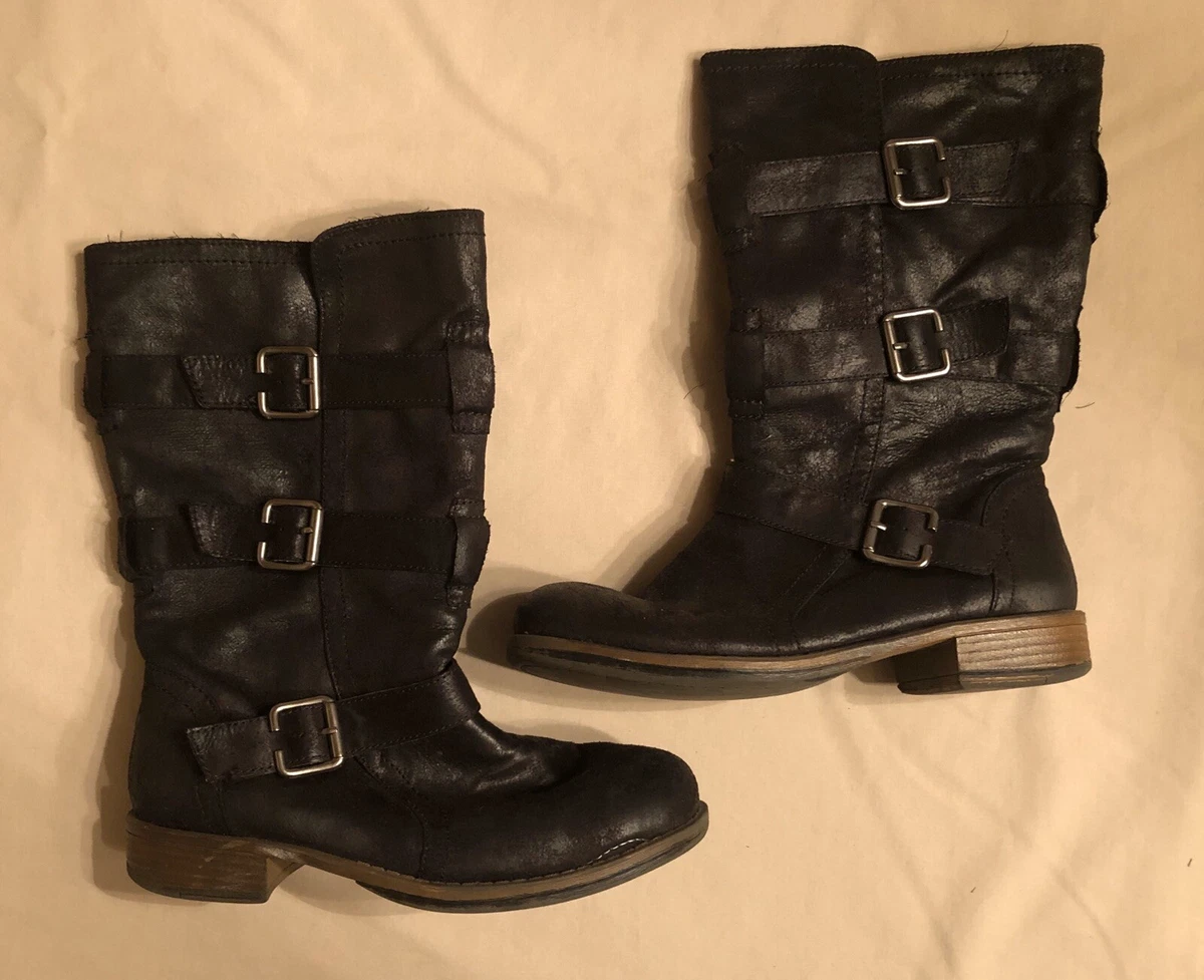 Women s CROWN VINTAGE Black Flat Motorcycle Buckle Boots Size 7.5