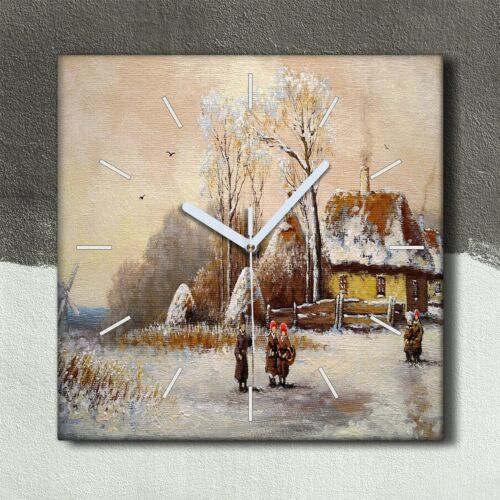 Silent Wall Clock Canvas 30x30 Painting Winter Countryside Villagers Snow Tree  - Picture 1 of 9