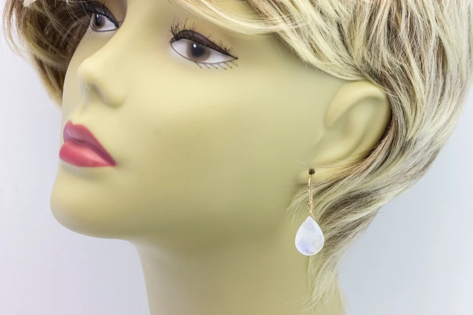 Pendientes de piedra lunar facetados grandes lágrimas gotas de oro amarillo macizo de 14 k Foto 4 de 4