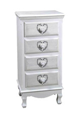 CASSETTIERA CUORE LEGNO COMODINO SHABBY CHIC 4 CASSETTI BIANCO h 82*40*30cm