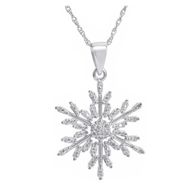 Diamond Accent Snowflake Pendant Necklace in Sterling Silver for Women or Girls