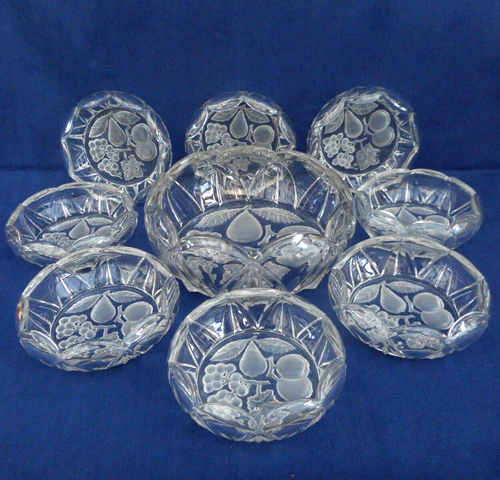 Moulded & etched crystal fruit salad set - serving bowl & 8 individual bowls