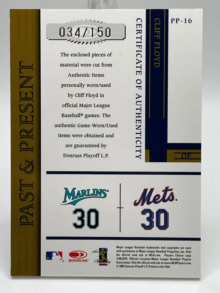 Camiseta deportiva Cliff Floyd 2005 Donruss Prime Patches juego usada guante murciélago cuádruple/150 Xe3X Foto 2 de 2
