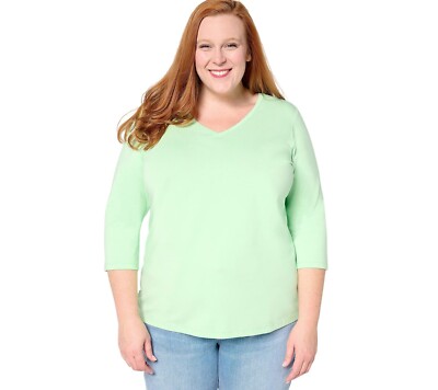 Denim and Co Essentials So Soft Jersey V Neck 3/4 Sleeve Top Size 3X Pistachio