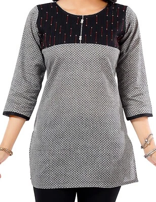 Kurtis Cotton Grey Geometric Women Indian Kurti Tunic Kurta Shirt Dress SC2513 - Image 1 of 4