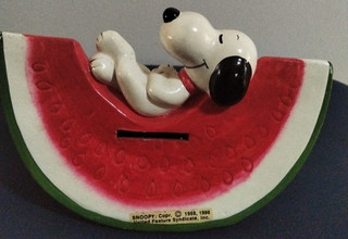 Vintage c.1966 SNOOPY Sleeping On Watermelon Ceramic Money Box Peanuts NO PLUG
