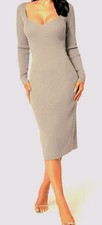 NWT Y2k Deep V Ribbed Midi Sweater Dress Bodycon Stretch Khaki Tan Cable Knit M