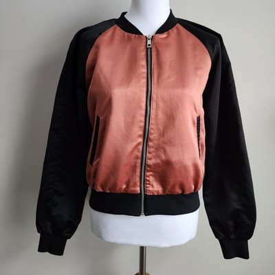 Noisy May Bomber Jacket Womens M Satin Rust Pink Black Y2K Retro Athleisure Zip