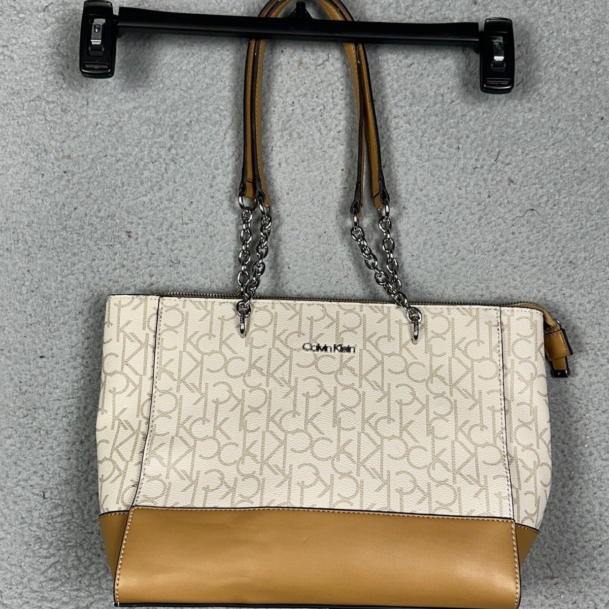 Calvin Klein Womens Tote Bag Cream Tan Monogram CK Logo Chain 