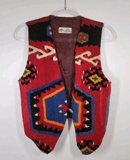 Vintage Turkish Kilim Wool Aztec Boho Tapestry Leather Vest Women Size Medium