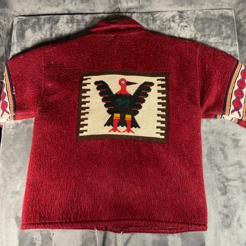 True Vintage Andean Folk Art Jacket Men’s XL Red Aztec Southwestern Wood 70s - product listing photo