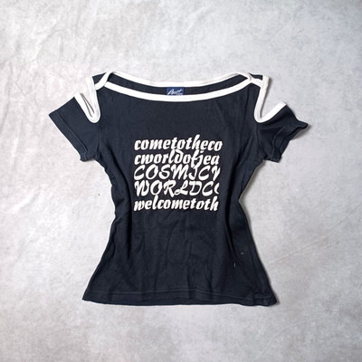 Alternative Cold Shoulder Top Womens Small Black White Cosmic World Goth Y2k 00s
