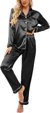 Women'S Classic Button down Long Satin Silk Pajama Set