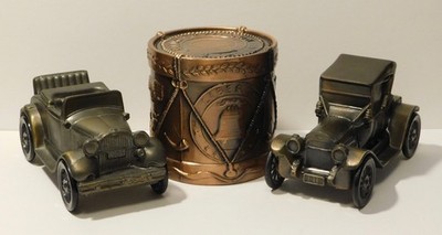 Vintage 1915 Chevy, 1929 Ford, and  1776 Drum,  3 Coin Banks by Banthrico 1974