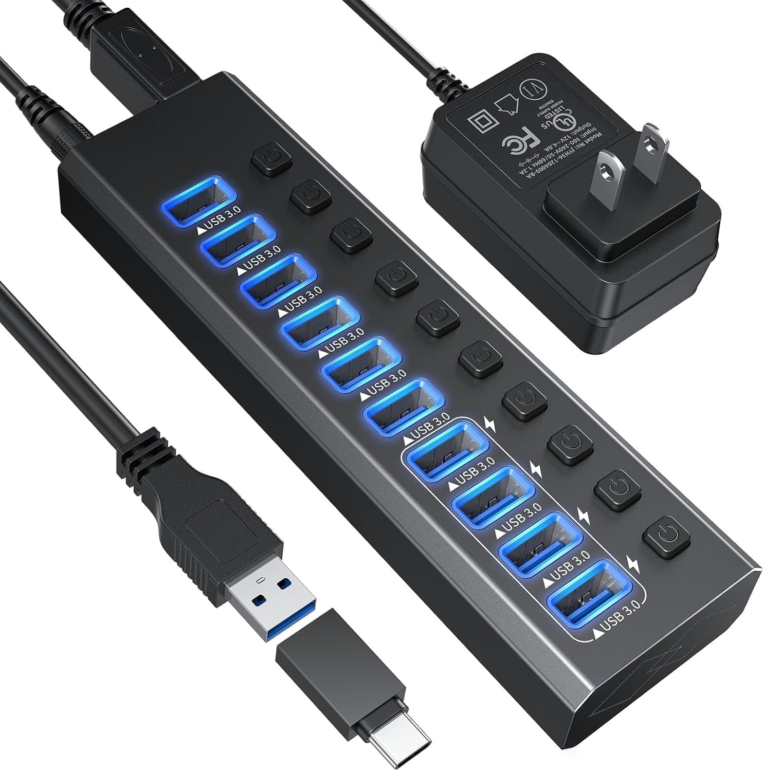 Powered USB 3.0 Hub Aluminum 10 Port USB 3.0 Data Hub with 1