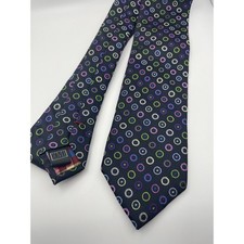 XMI Platinum Mens Silk Tie Navy Blue Multi Geometric Circle Polka Dot Handmade