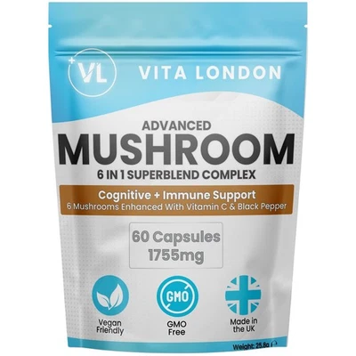 VITA LONDON Lions Mane Mushroom Complex Shitake Chaga Reishi Cordyceps Maitake (Not Gummies)