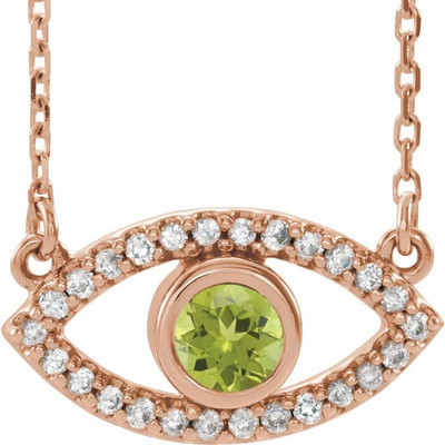 14K Rose natürlicher Peridot & natürlicher weißer Saphir Evil Eye 18'' Halskette