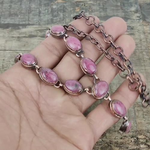 Womens day Sale Oval Rhodonite Gemstone Electroformed Chain Wife Necklace Copper - 第 1 支影片,共 1 支