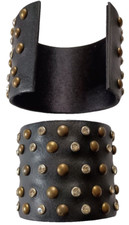 Cuff Bracelet, 1 Piece, Black Leather, Studs and Rhinestones, Flexing, 7 Inches