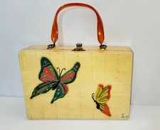 Vintage 60's Wooden Box Style Purse With Lucite Handle Butterflies