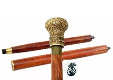 Vintage Antique Brass Knob Designer Handle Wooden Walking Stick Victorian Cane