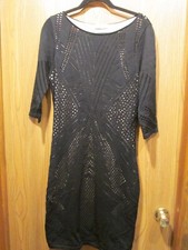 Calvin Klein Black Stretch Polyester Blend Mesh 3/4 Sleeve Lined Dress SIZE M