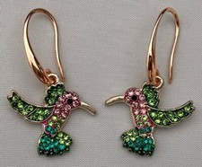 GOLDTONE HUMMINGBIRD LONG HOOK EARRINGS CRYSTALS FREE USA SHIPPING
