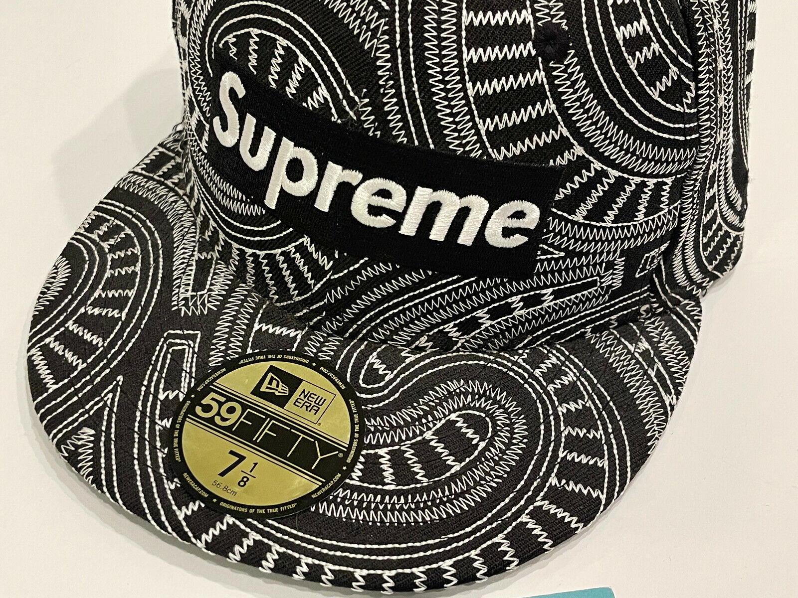 2013 NEW ERA 59FIFTY SUPREME SPIRAL BOX LOGO HAT BLACK WHITE 7 1/8