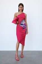 ZARA PINK FLOWER DRAPED ONE SHOULDER PARTY DRESS FUCHSIA BNWT SIZE S 