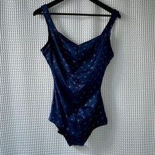 Vintage Maxine of Hollywood navy girl leg swimsuit with gold design size 14