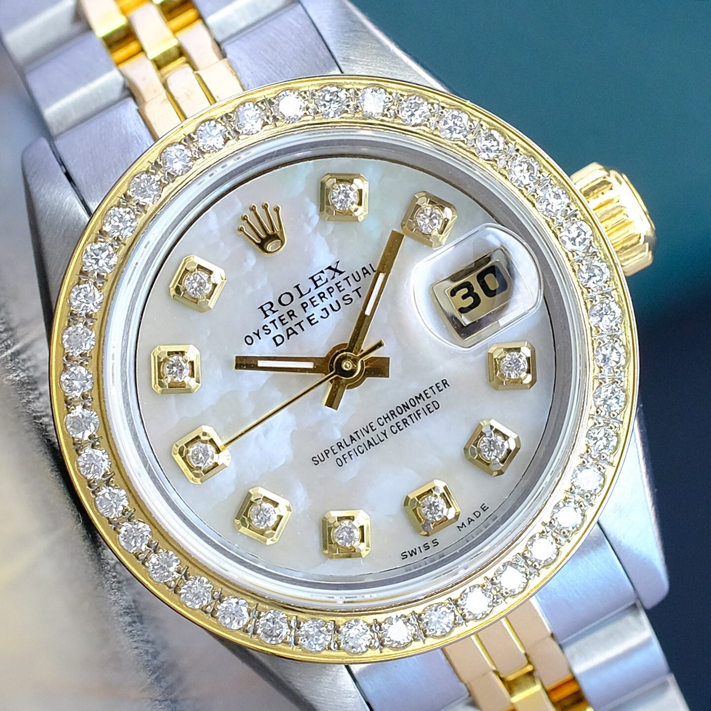 Rolex Ladies Datejust 26mm 18K Yellow Gold Stainless Steel White MOP Diamond Dial Bezel Ref 69173-image