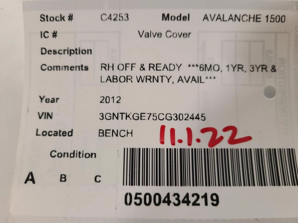 Used Engine Valve Cover fits: 2012 Chevrolet Avalanche 1500 Valve Cover Grade A Foto 3 de 4