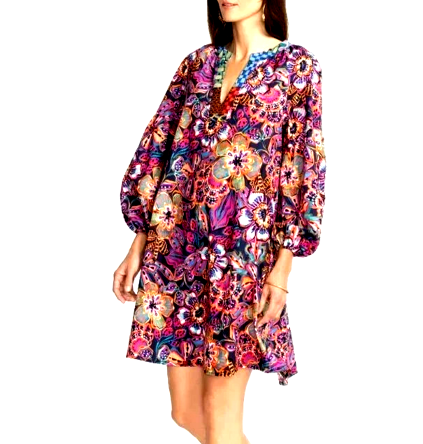 New Johnny Was Eyes on You Women’s Poplin Mini Dress Pockets A-line Artsy Boho S