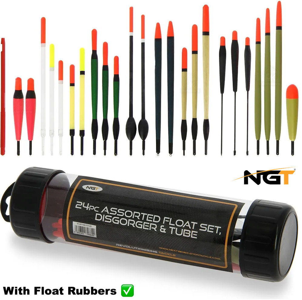 NGT 24pc Assorted Float Set With Rubbers & Disgorgers Carp coarse Fishing Tackle