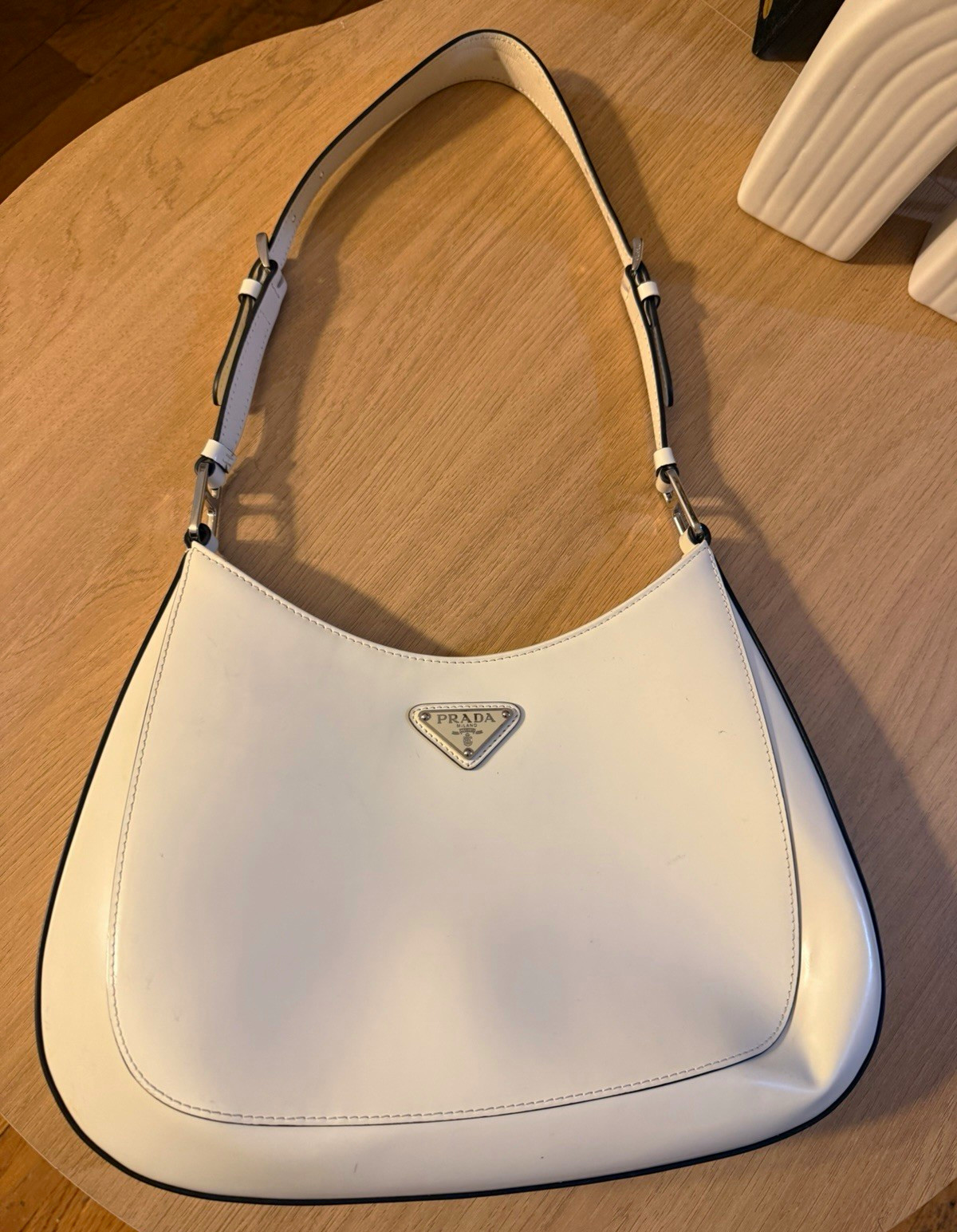 PRADA Cleo Small Crescent Shoulder Bag White/Black Trim Zip, Detachable Strap