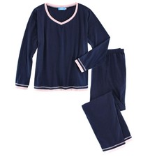 CTM Women's Cotton Blend Long Sleeve V-Neck Pajama Set