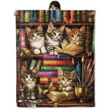 Bookcase Kitten Blanket, Cozy Flannel Cute Cats with Books Throw Blanket, Sof...