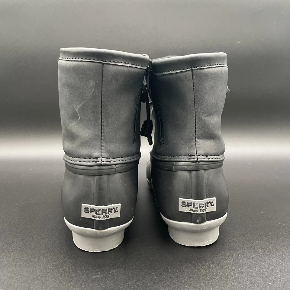 Botas Sperry Pato Agua Salada Niñas Talla 6M Negras Con Gris Plateado Parte Inferior Cremallera Lateral Foto 3 de 4