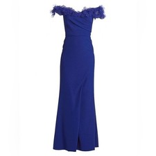 Rene Ruiz Collection Tulle Flower Crepe Column Gown Blue Maxi Dress US14